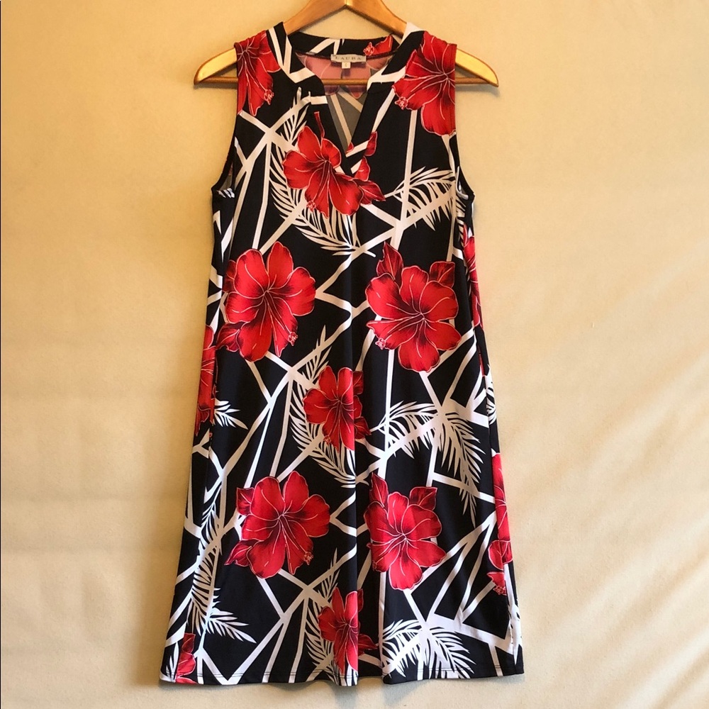 Laura Sleeveless Sheath Dress Black/White/Red Floral Size Small Pockets #1184
